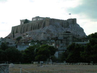 Nightfall looking up to the Acropolis