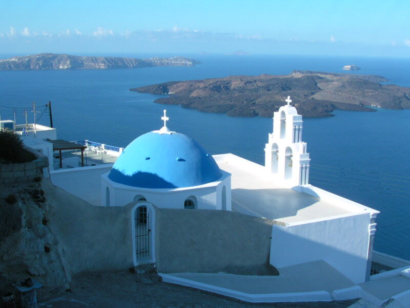 View of the top of church at Santorini Greece