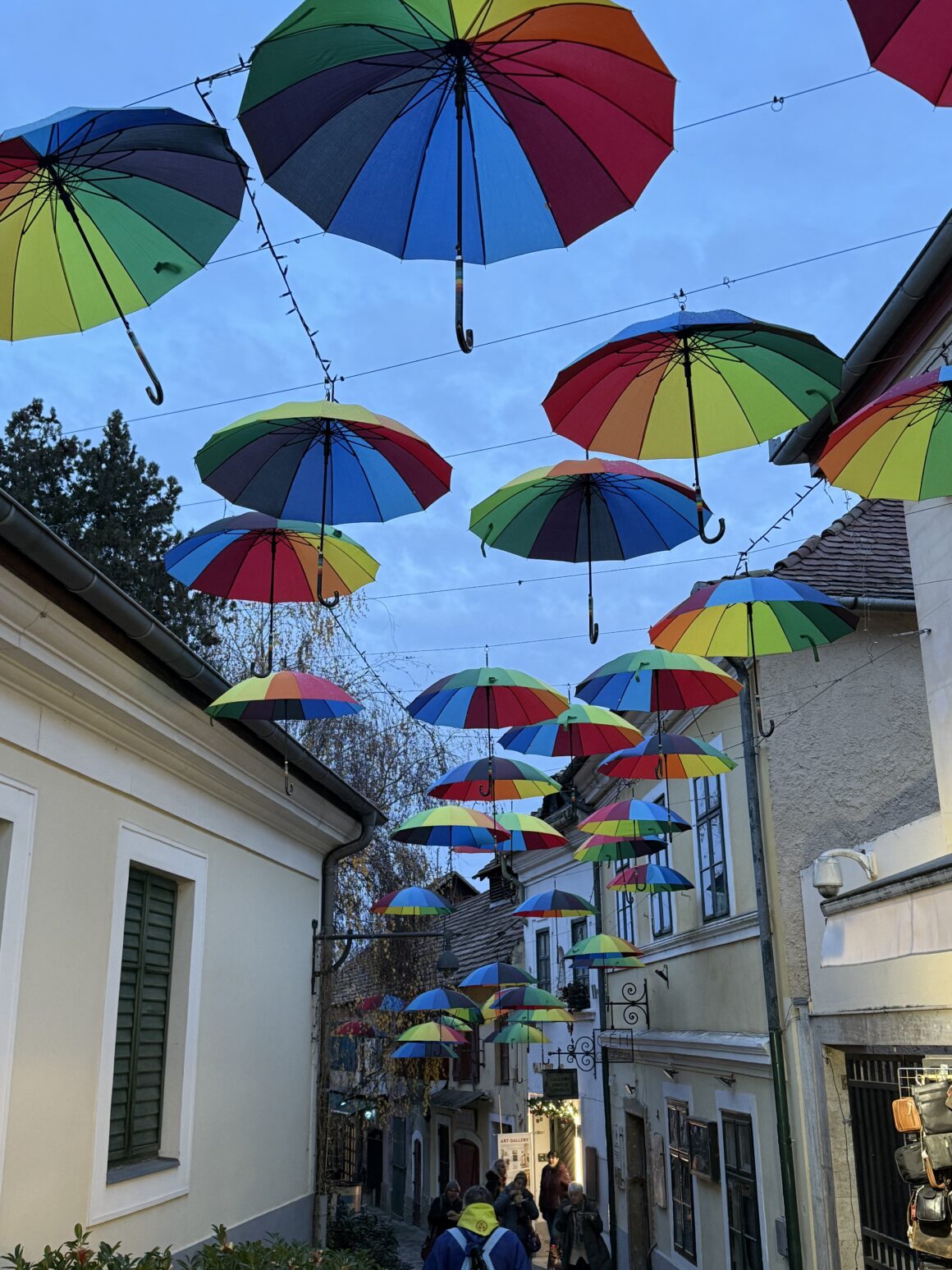 colorful umbrellas along cobblestone streets in szentendre in hungray